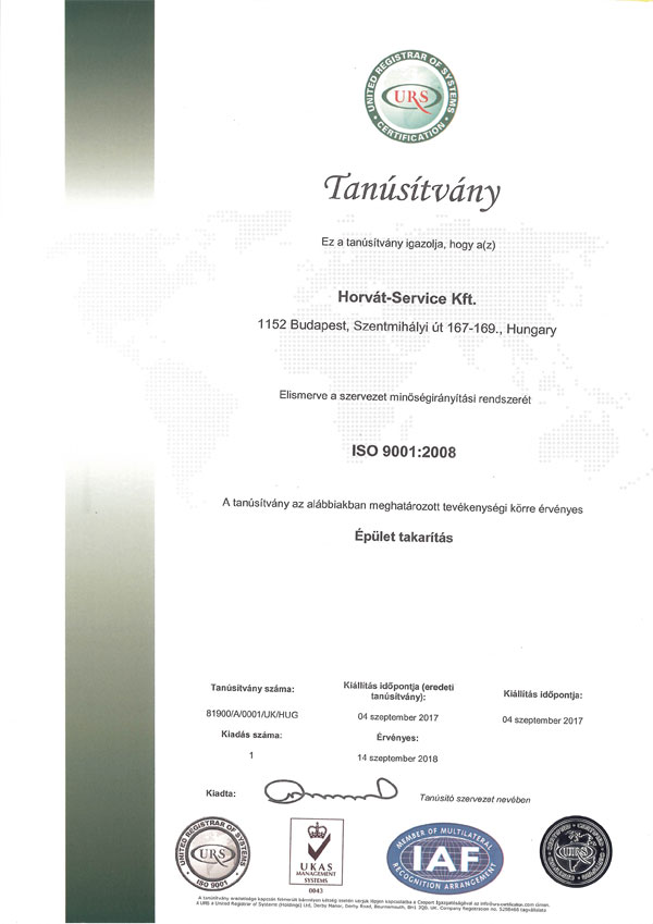 Horvat Service Kft ISO 9001 cert HUN